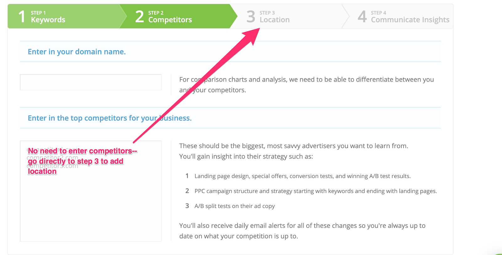 Create Campaign Watch Project: skip step 2 - no need to enter competitors.
