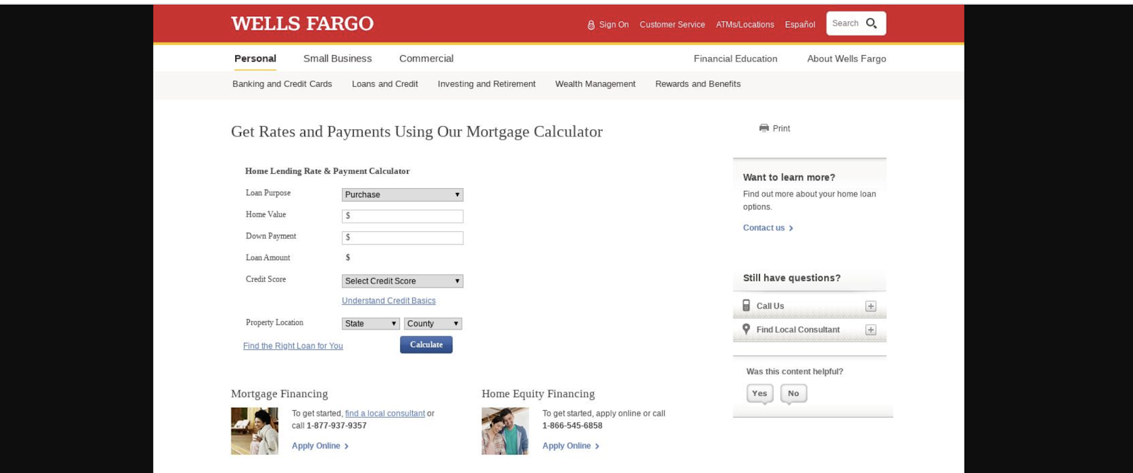 Wells Fargo landing page with a useful calculator widget.