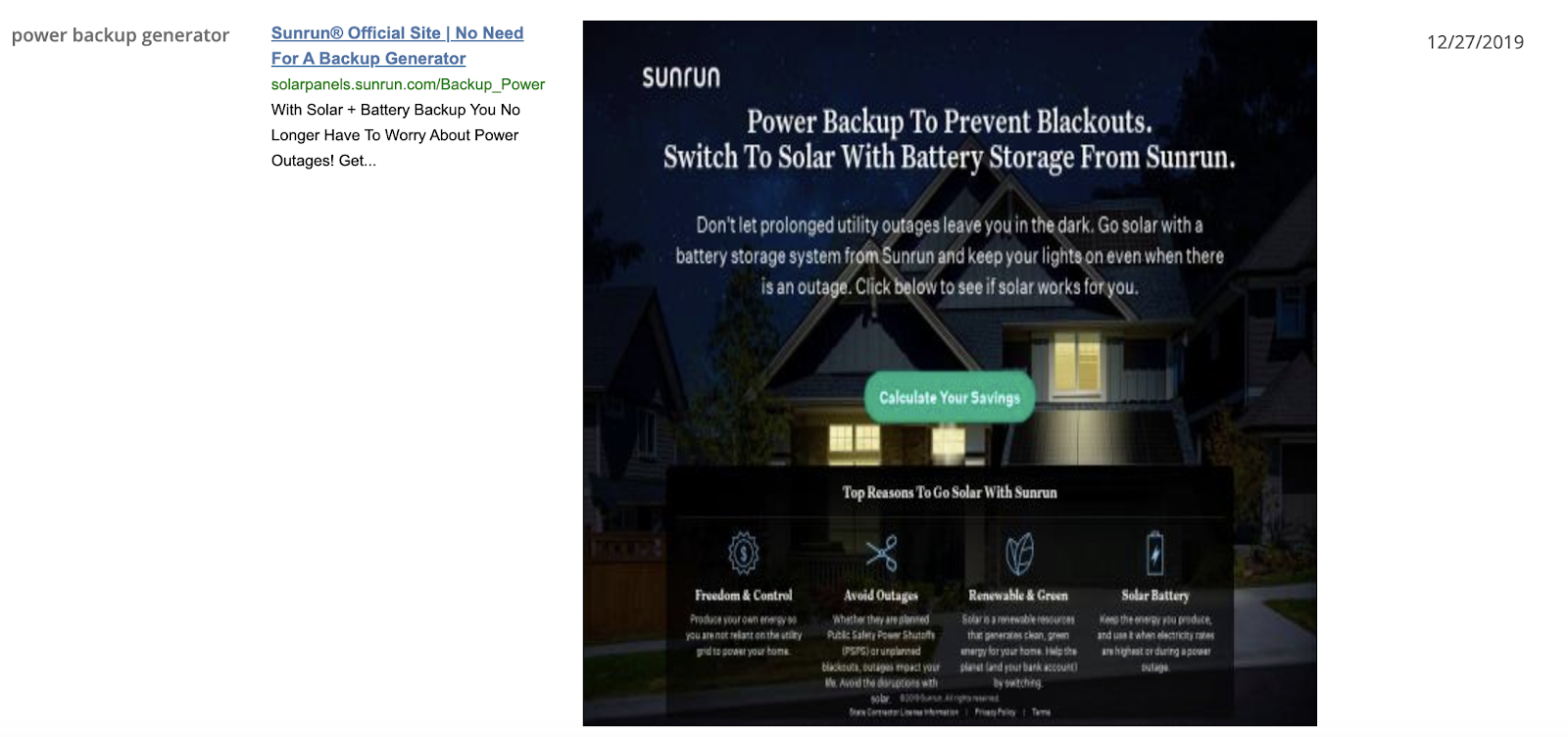An example of a Sunrun ad for "Power backup generator" 