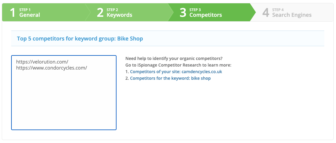 Step 3: Competitors - Top 5 competitors for keyword group